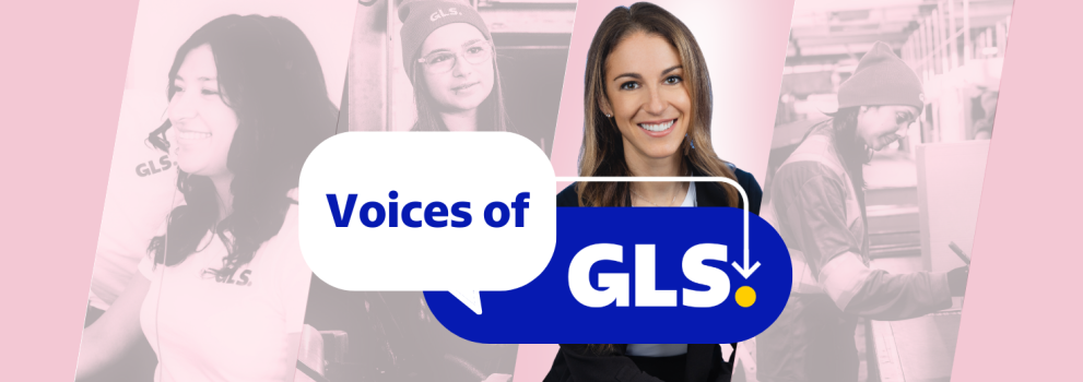 Pink background with images of GLS women at work on which we read 